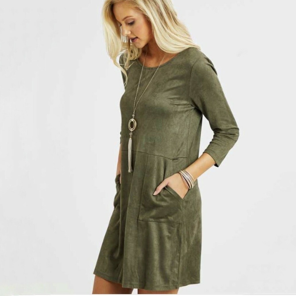 Altar'd State Olive Green Faux Suede Shift Dress 3/4 Sleeve Pockets XS NEW